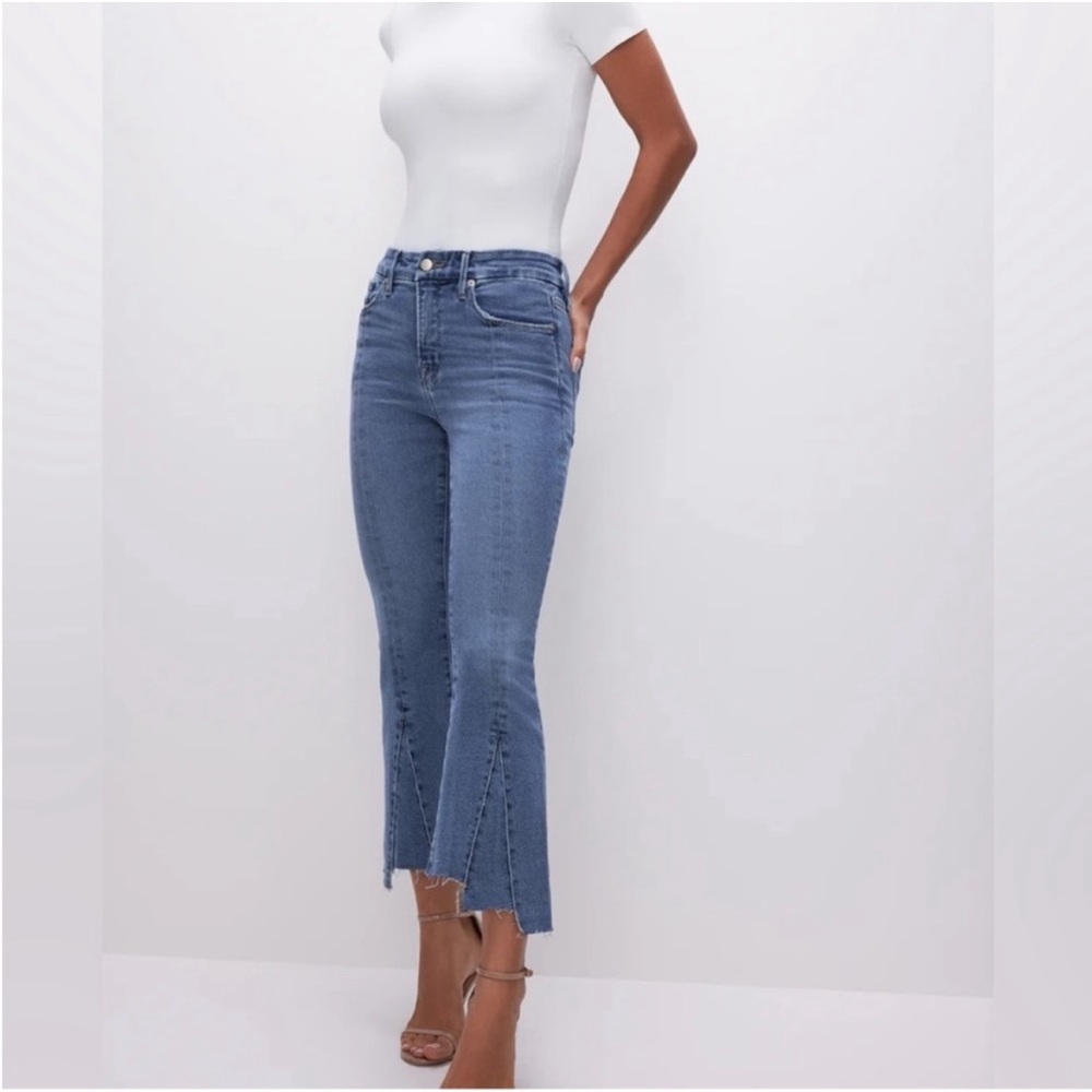 Good American Cropped Mini Bootcut Jeans Pants Raw Hem Mid Rise Stretch 6 28